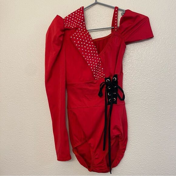 Kelle dance solo costume red rhinestoned asymmetrical one sleeve leotard Teen SA - Picture 2 of 7